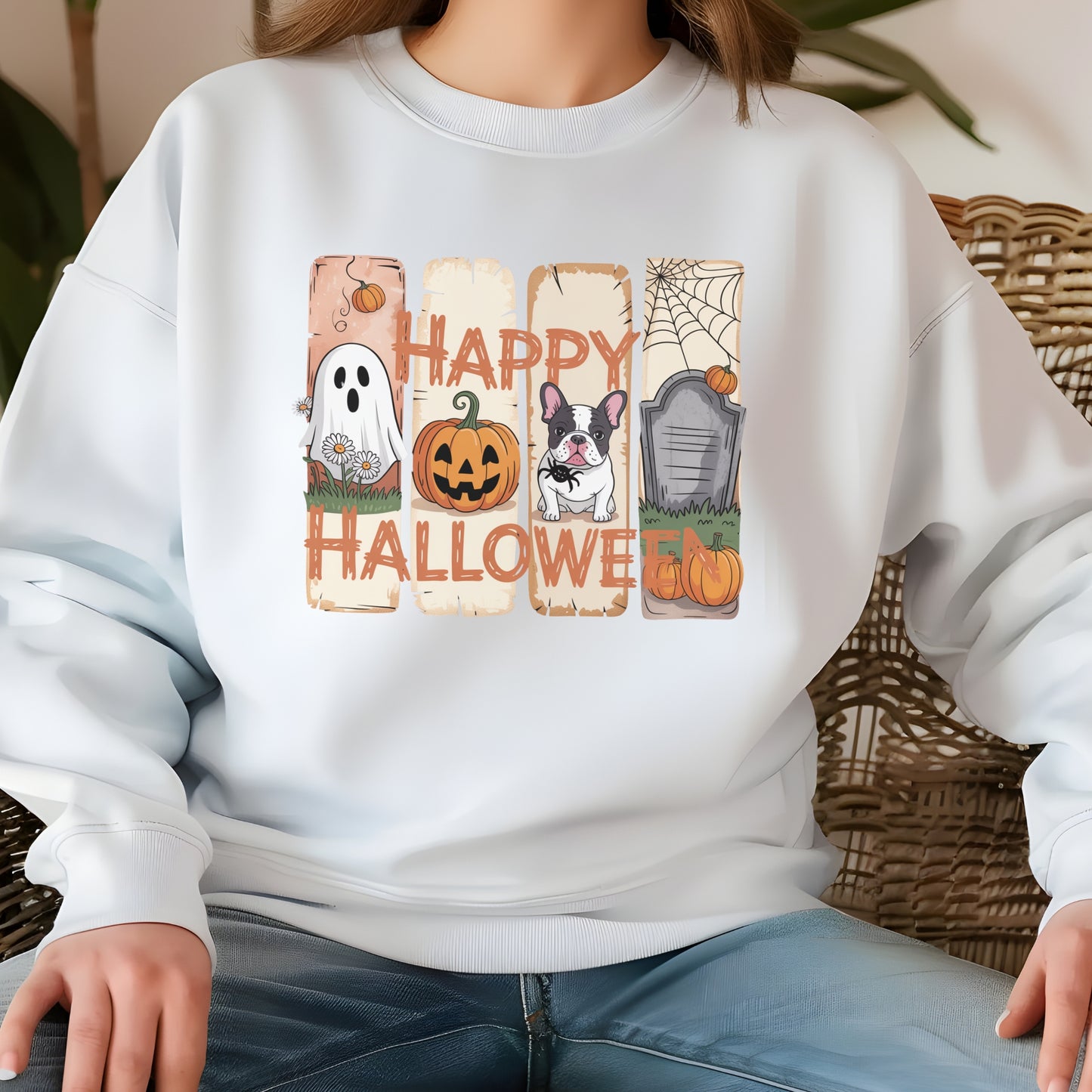 White sweatshirt with “Happy Halloween” design featuring a ghost, jack-o’-lantern, French Bulldog, gravestone, pumpkins, and cute autumn graphics.