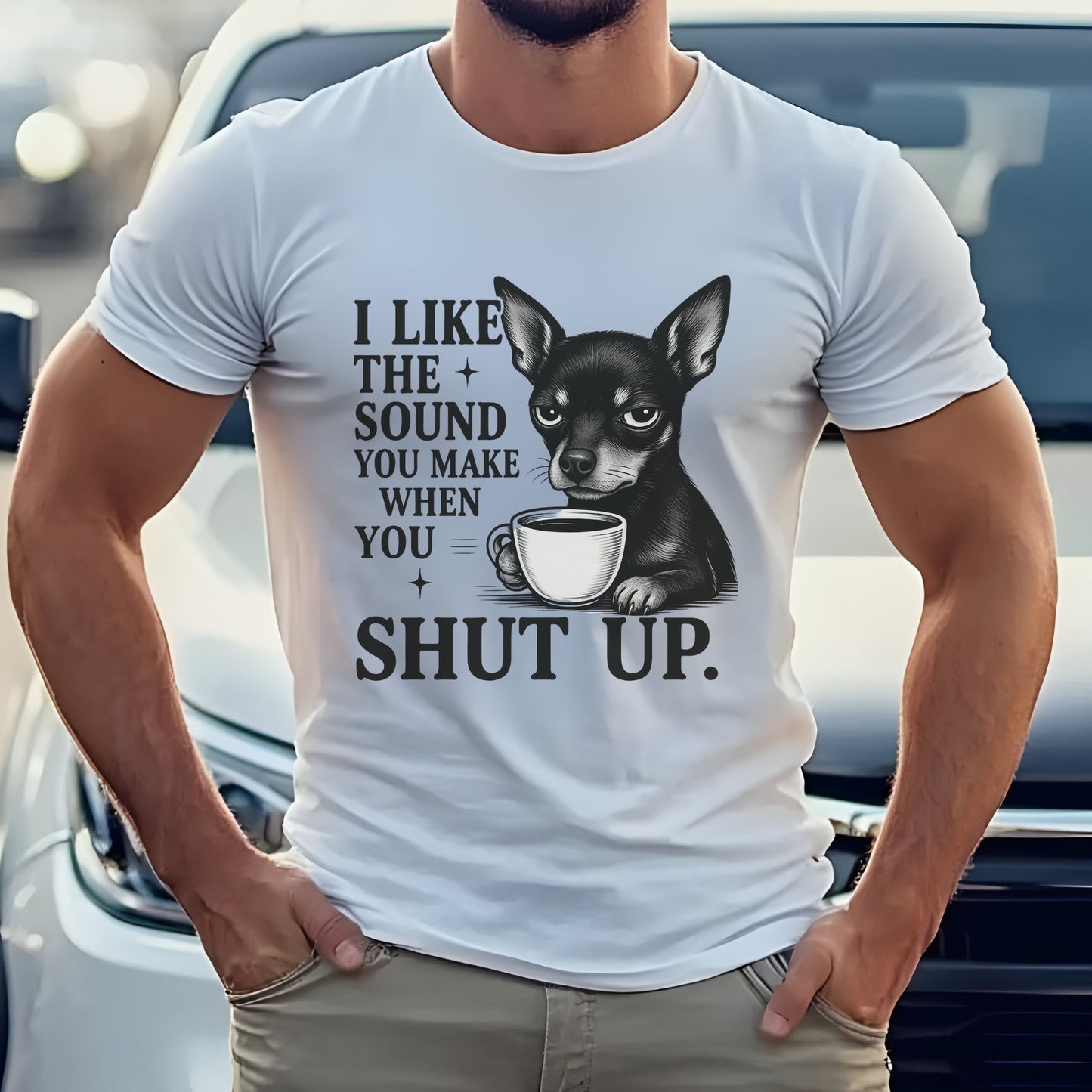 Man wearing a white "I Like The Sound You Make When You Shut Up" Mini Pinscher unisex t-shirt holding coffee