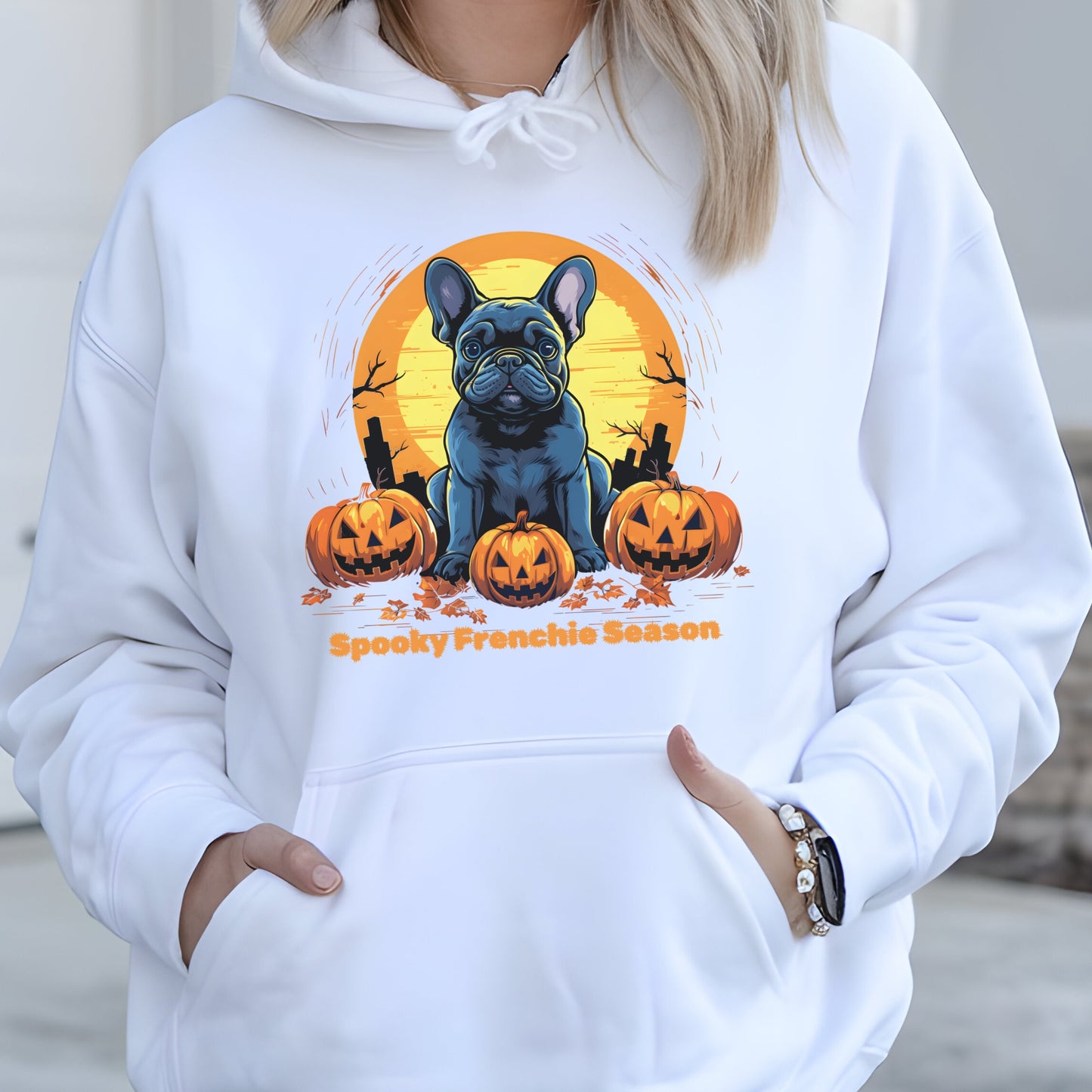 White Halloween hoodie with French Bulldog, pumpkins, and graveyard, with "Spooky Frenchie Season" text