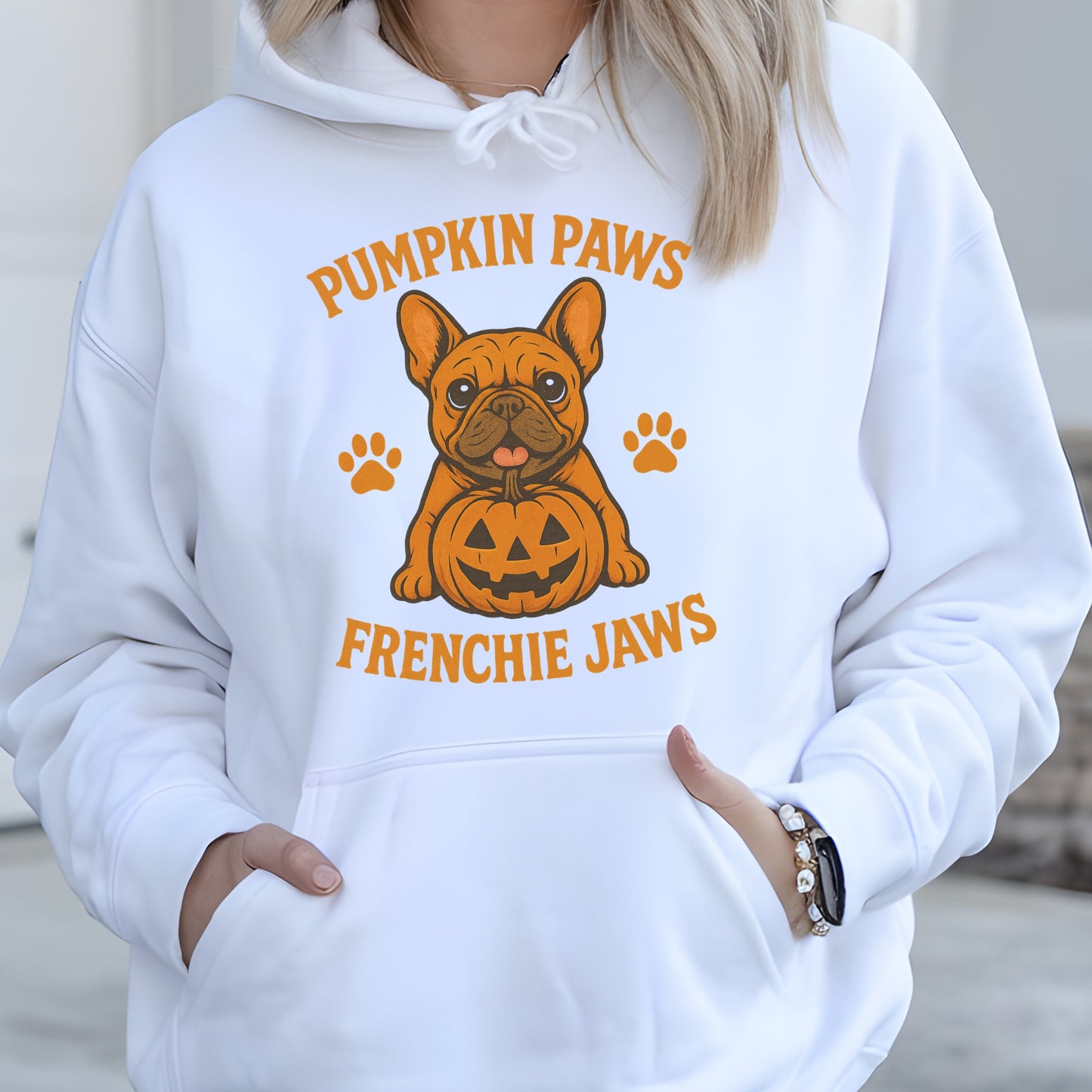 French Bulldog with pumpkin, Halloween-themed, cartoon style, playful and festive