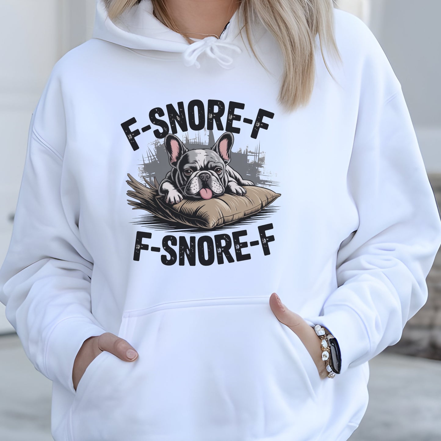 Cartoon French Bulldog sleeping with “F-SNORE-F” text on a white hoodie