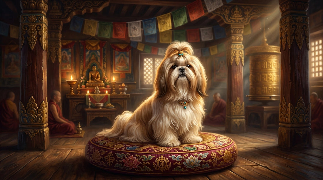 Shih Tzu with a topknot sitting on an embroidered cushion inside a Tibetan monastery with prayer flags and monks