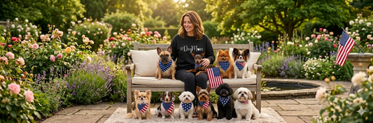 Dog lover in garden with small dog breeds wearing patriotic bandanas, My Little Dogs Collection