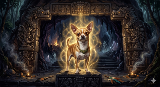AI-generated illustration of a Chihuahua glowing with golden light at the entrance of an ancient Aztec underworld temple