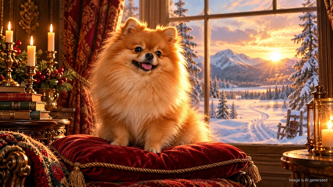 AI-generated illustration of an orange Pomeranian on a velvet cushion in front of a snowy window