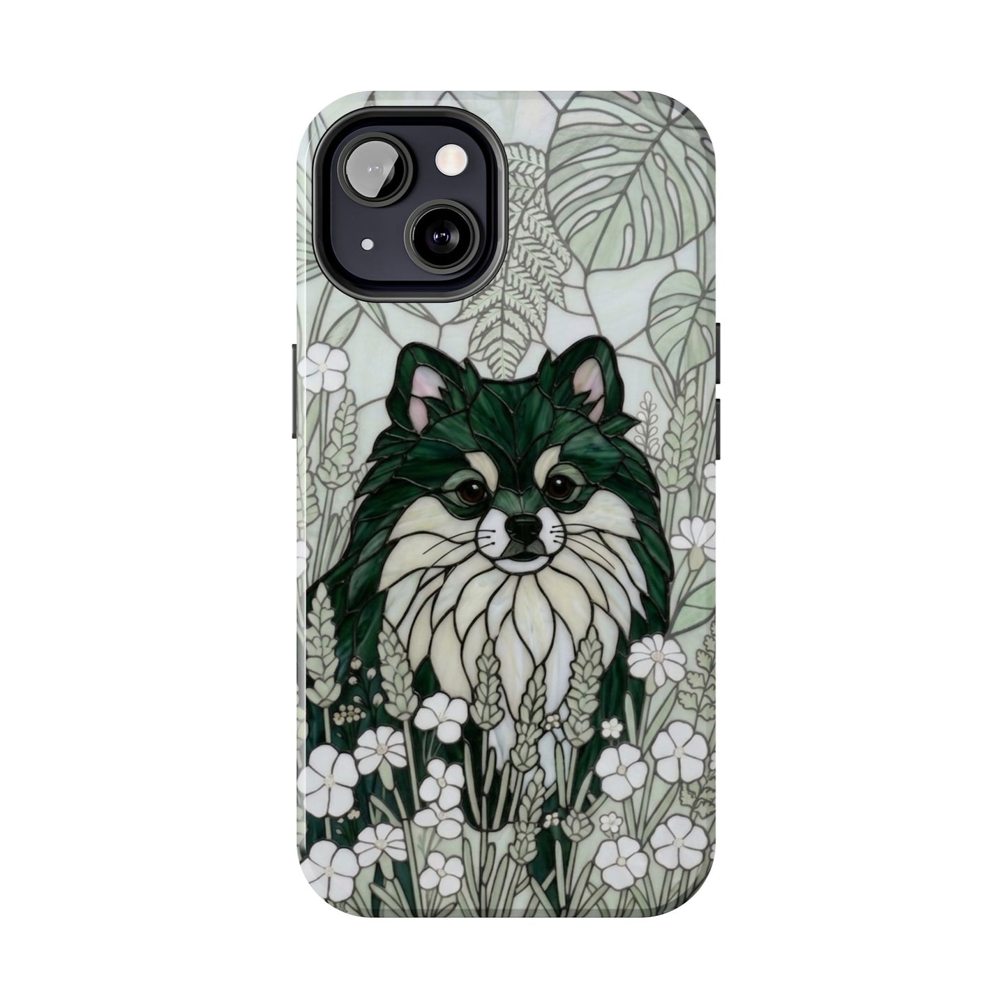 Pomeranian Stained Glass Style Tough Case — Botanical Green Theme