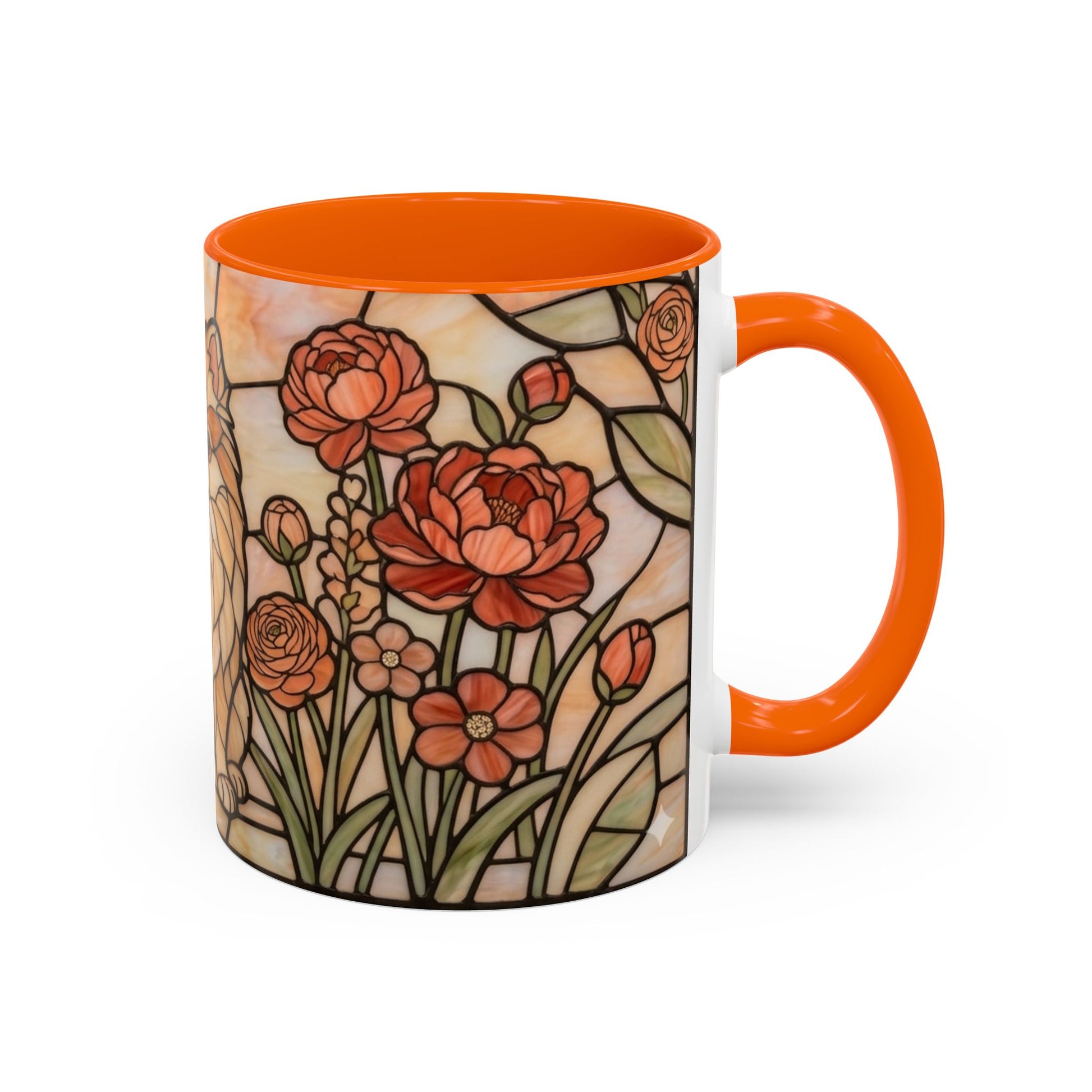 Mug with floral design and orange handle and rim on a white background