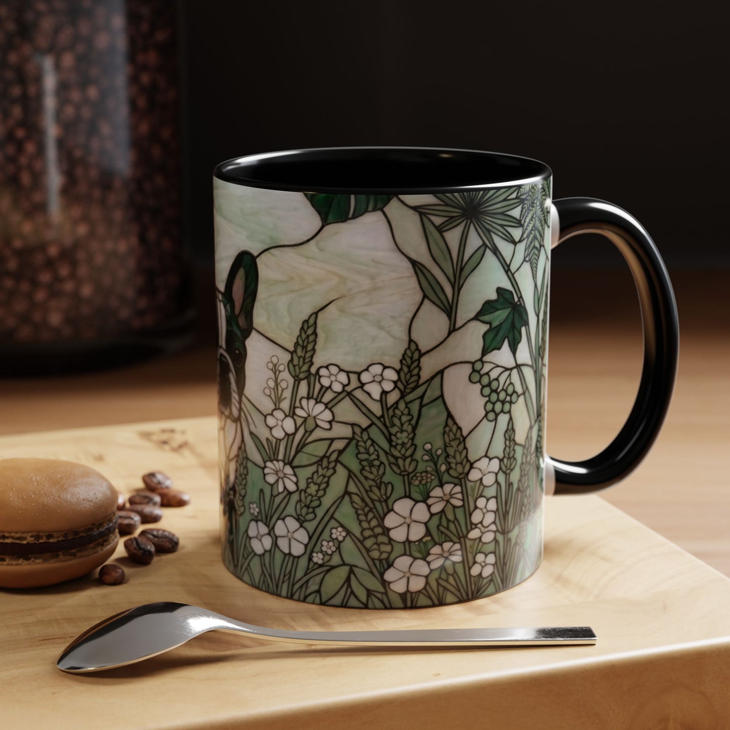 Stained Glass French Bulldog Coffee Mug — Botanical Green Theme