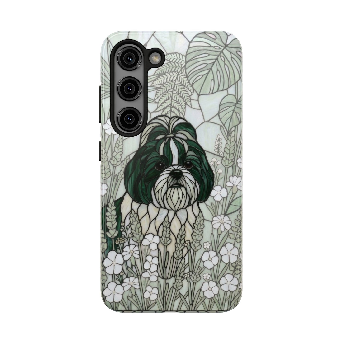 Shih Tzu Stained Glass Style Tough Case — Botanical Green Theme