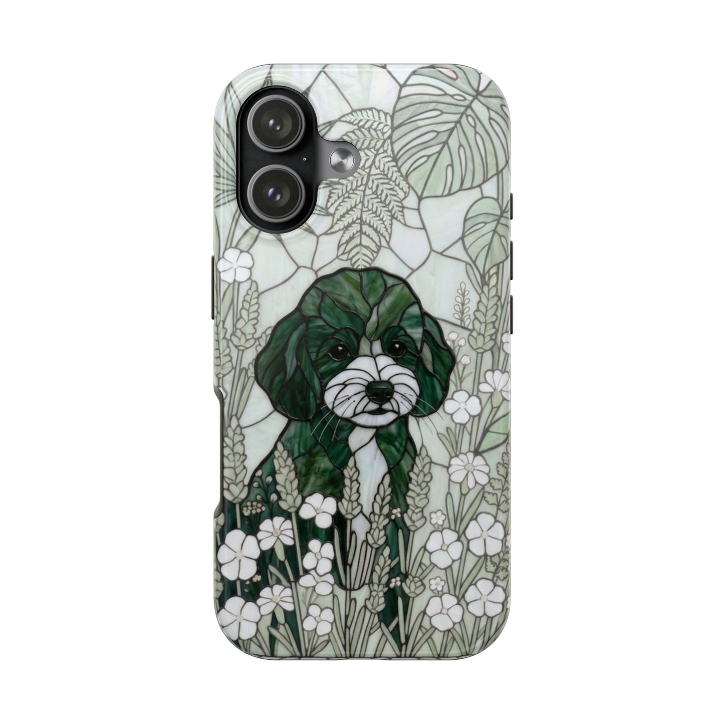 Toy Poodle Stained Glass Style Tough Case — Botanical Green Theme