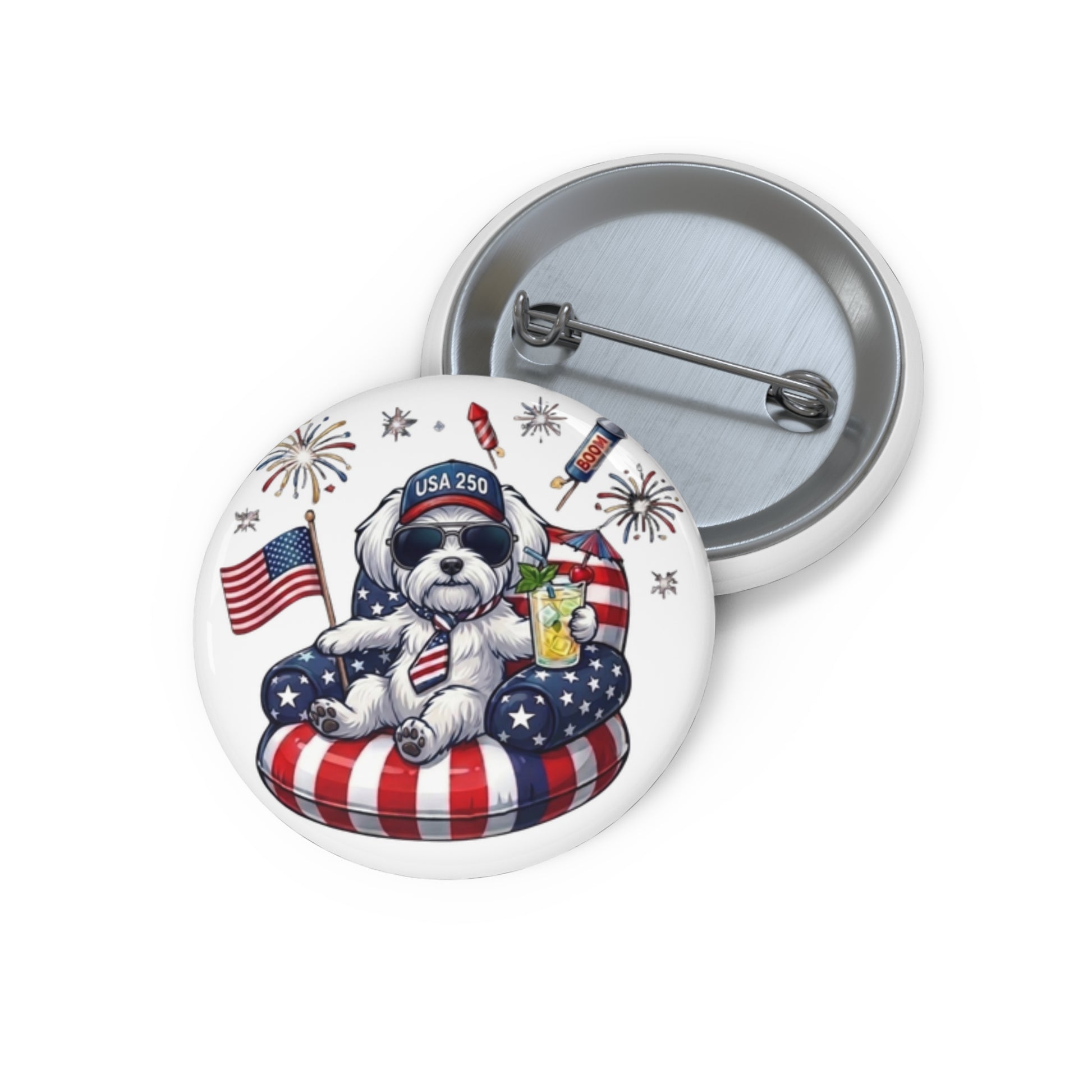 Button badge with a dog in an American flag floatie, USA 250 text, and fireworks on a white background.