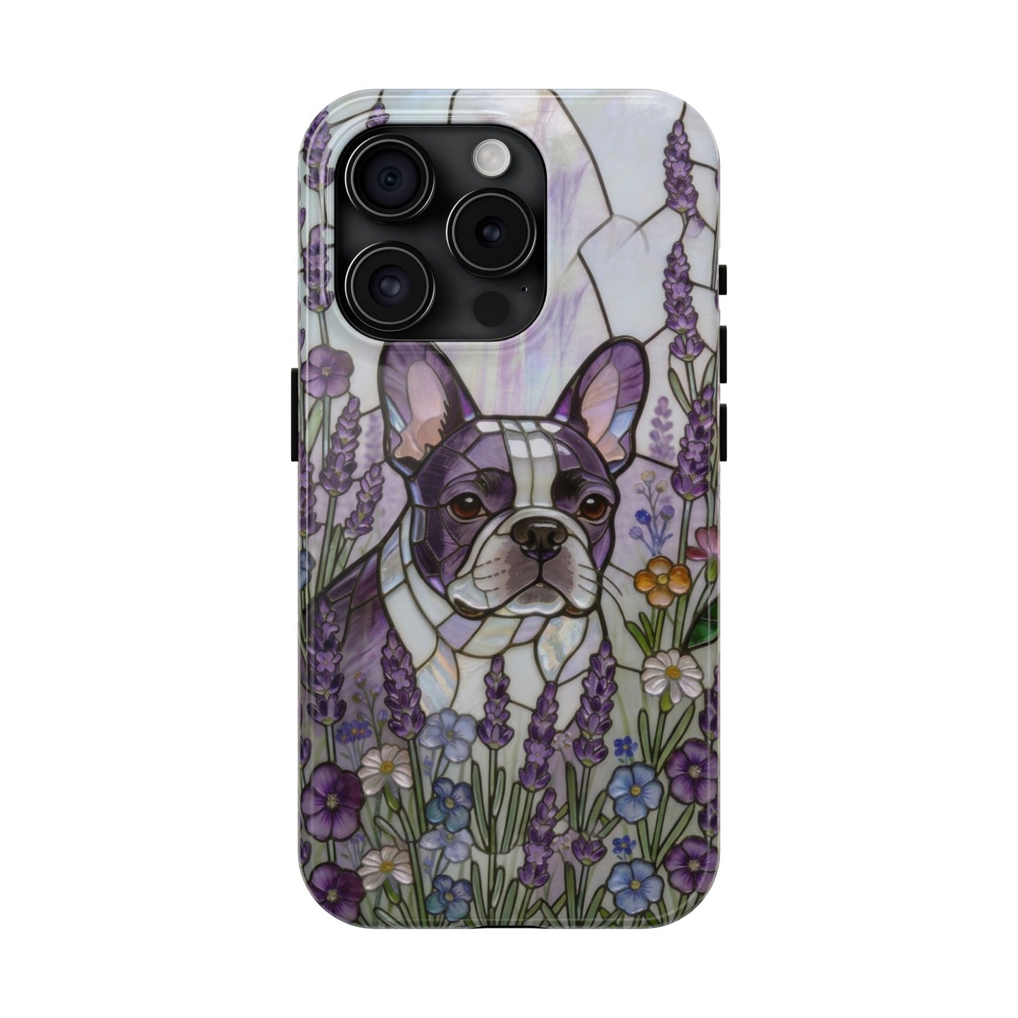 Frenchie Stained Glass Style Tough Case —Lavender Floral Theme