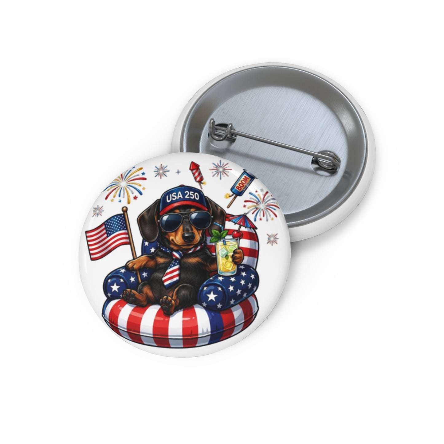 Button badge with a dachshund wearing sunglasses and a hat, surrounded by American flags and fireworks on a white background.