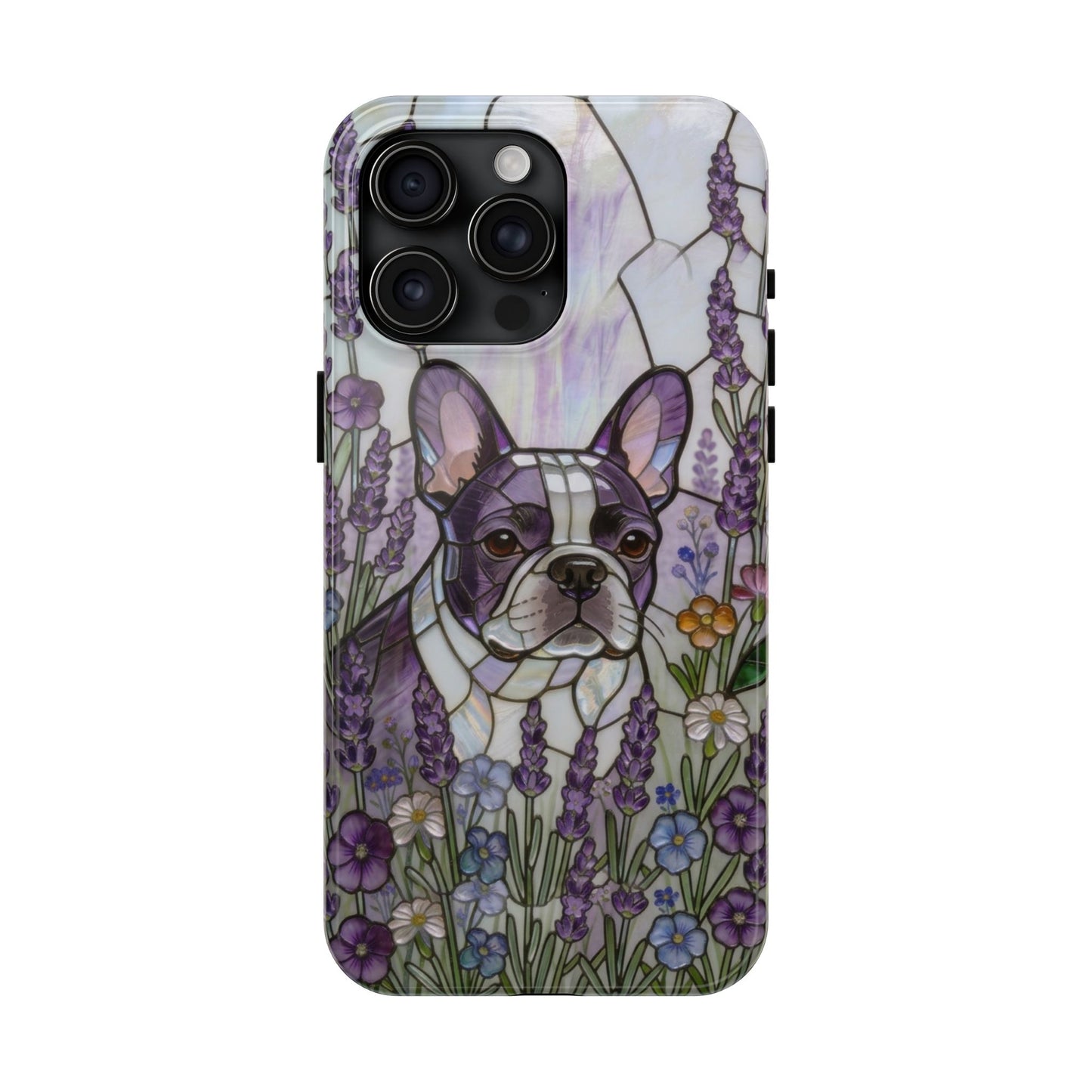 Frenchie Stained Glass Style Tough Case —Lavender Floral Theme