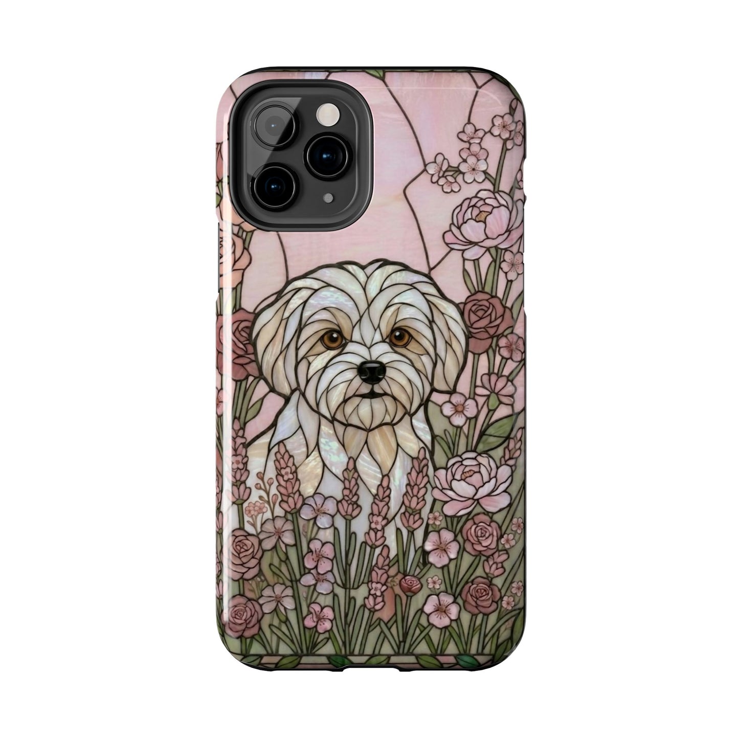 Phone case with a dog illustration and floral design on a pink background