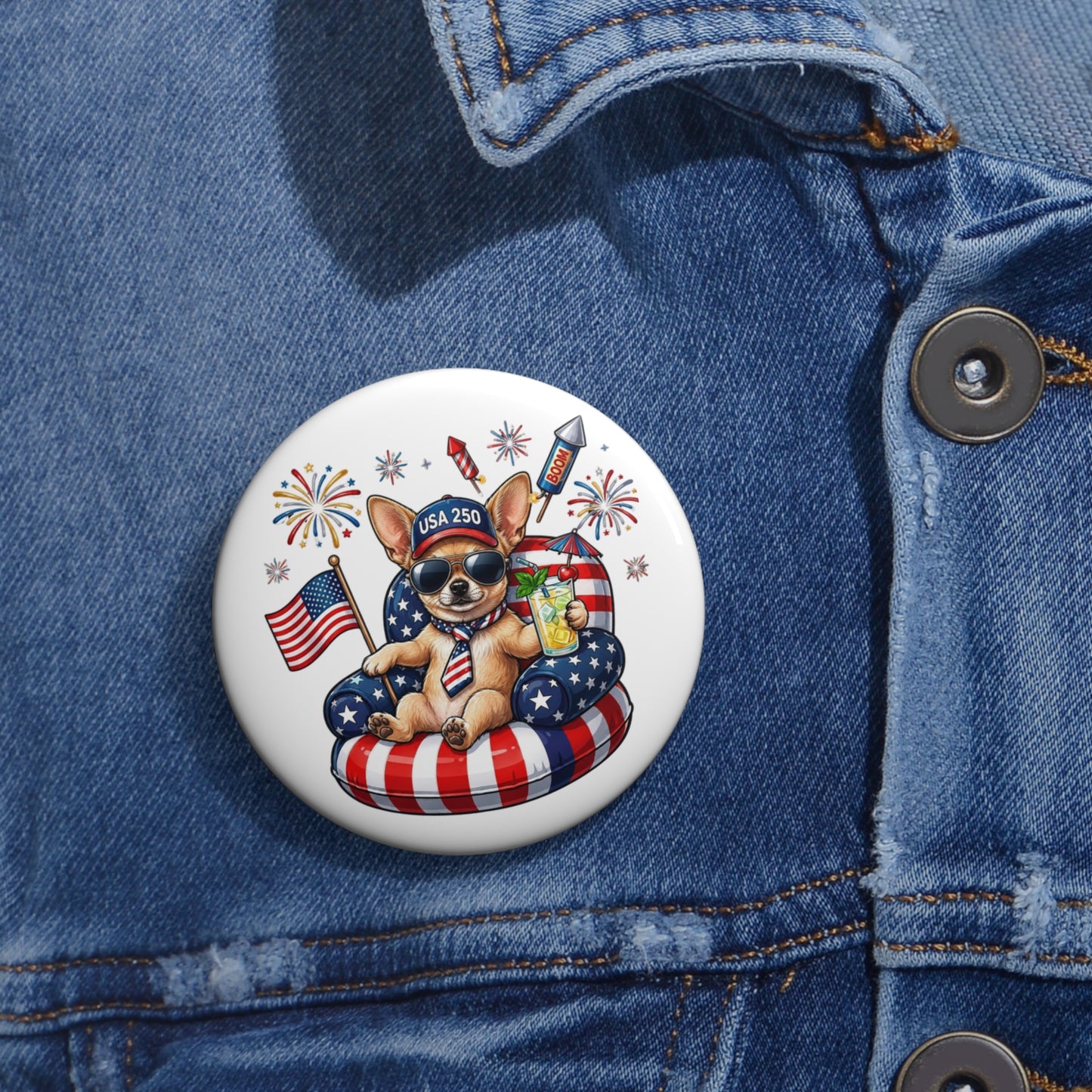 Button with a dog design on a denim jacket