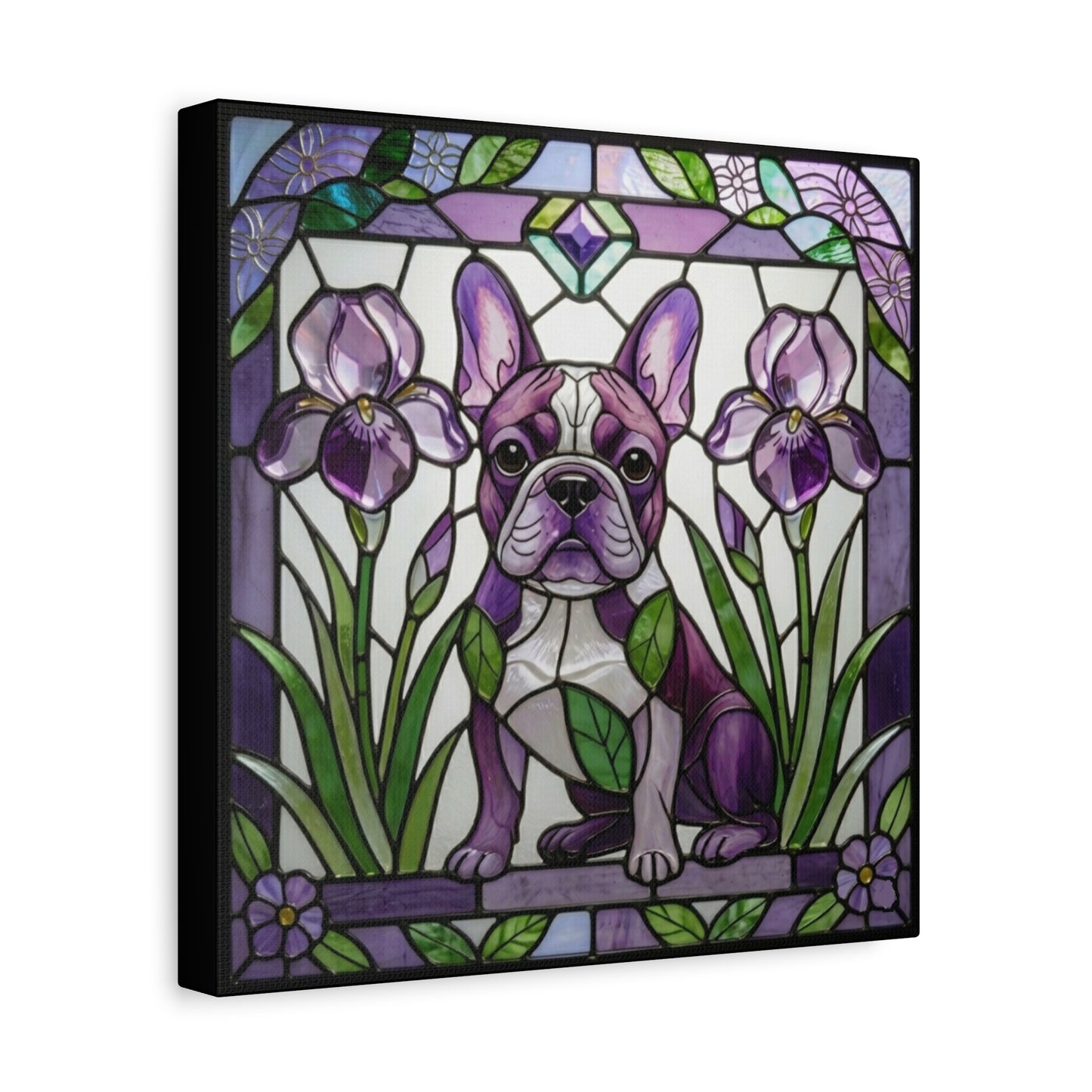 Stained glass-style artwork of a dog with purple flowers and green leaves.
