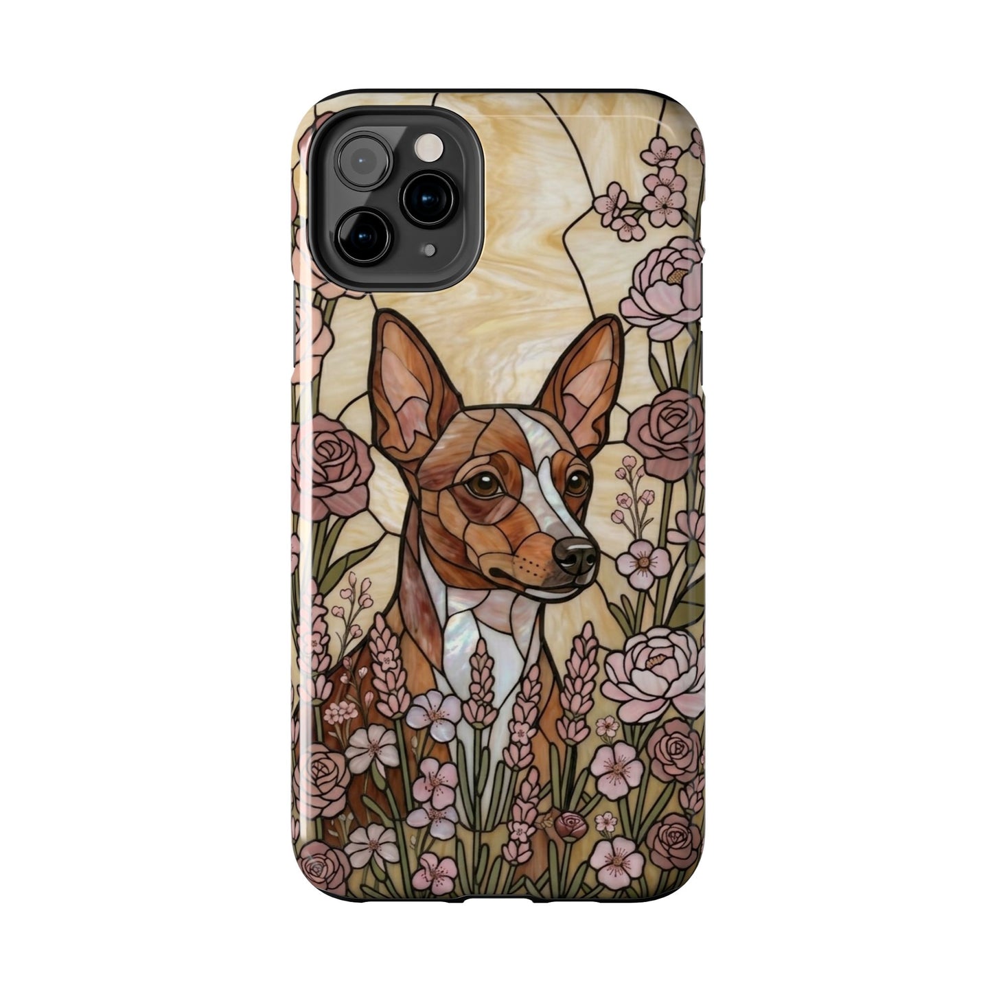 Phone case with a dog illustration and floral design on a white background