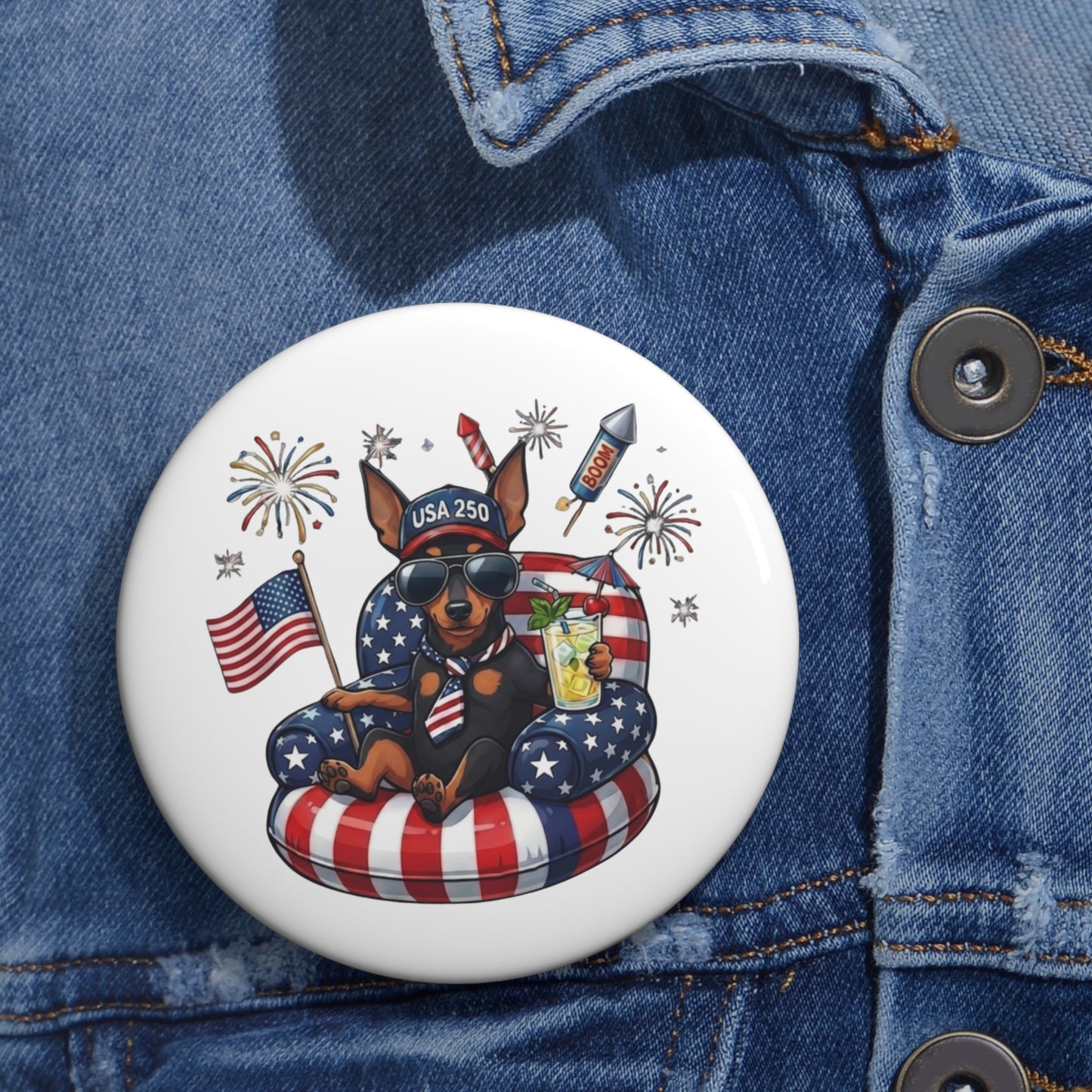 Patriotic Mini Pinscher Pin Button — American Flag Mini Pinscher Lapel Badge
