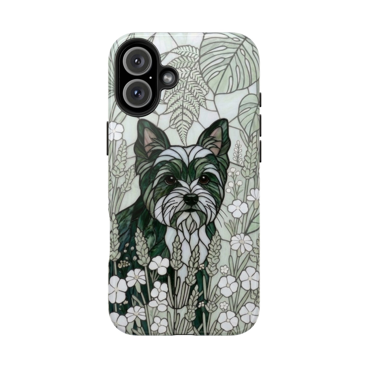 Yorkie Stained Glass Style Tough Case — Botanical Green Theme