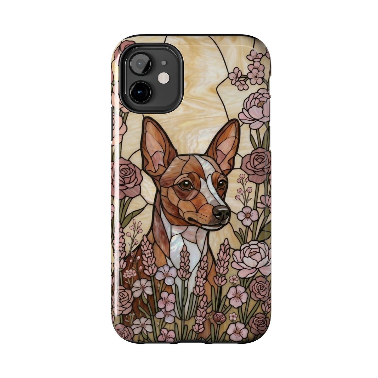 Phone case with a dog illustration surrounded by flowers on a beige background