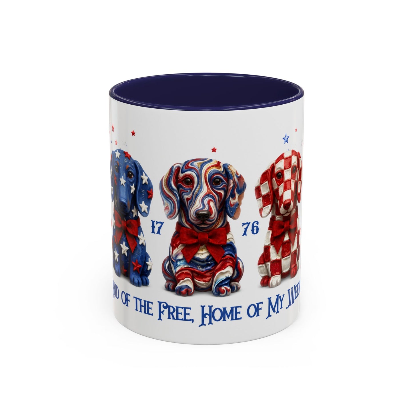 Mug with patriotic design featuring dogs and text on a white background