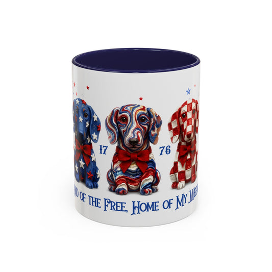 Mug with patriotic design featuring dogs and text on a white background