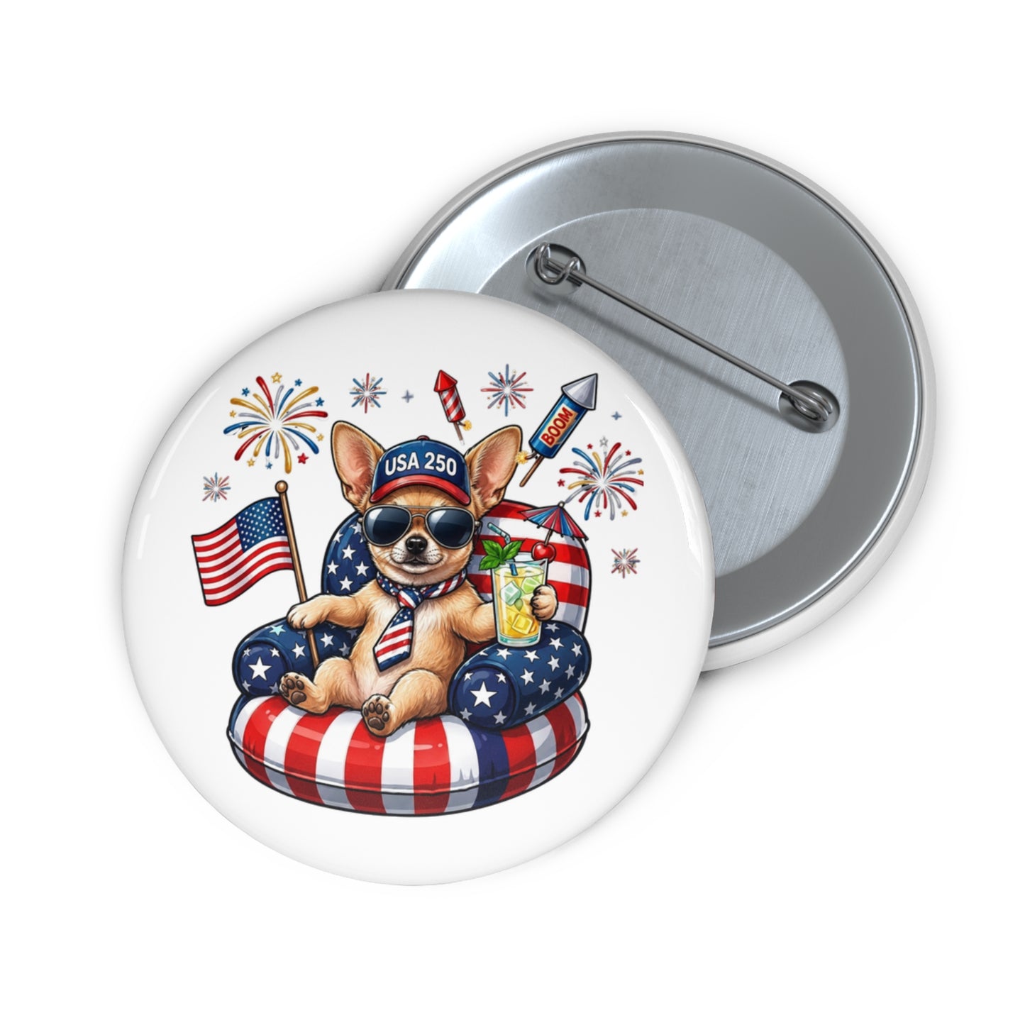 Button badge with a dog wearing sunglasses and a USA 2020 hat, surrounded by American flags and fireworks.