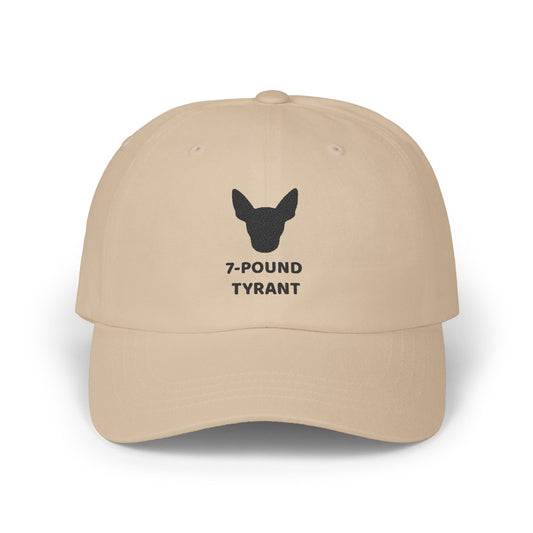 Beige "7-Pound Tyrant" Miniature Pinscher cap with black dog silhouette embroidery.