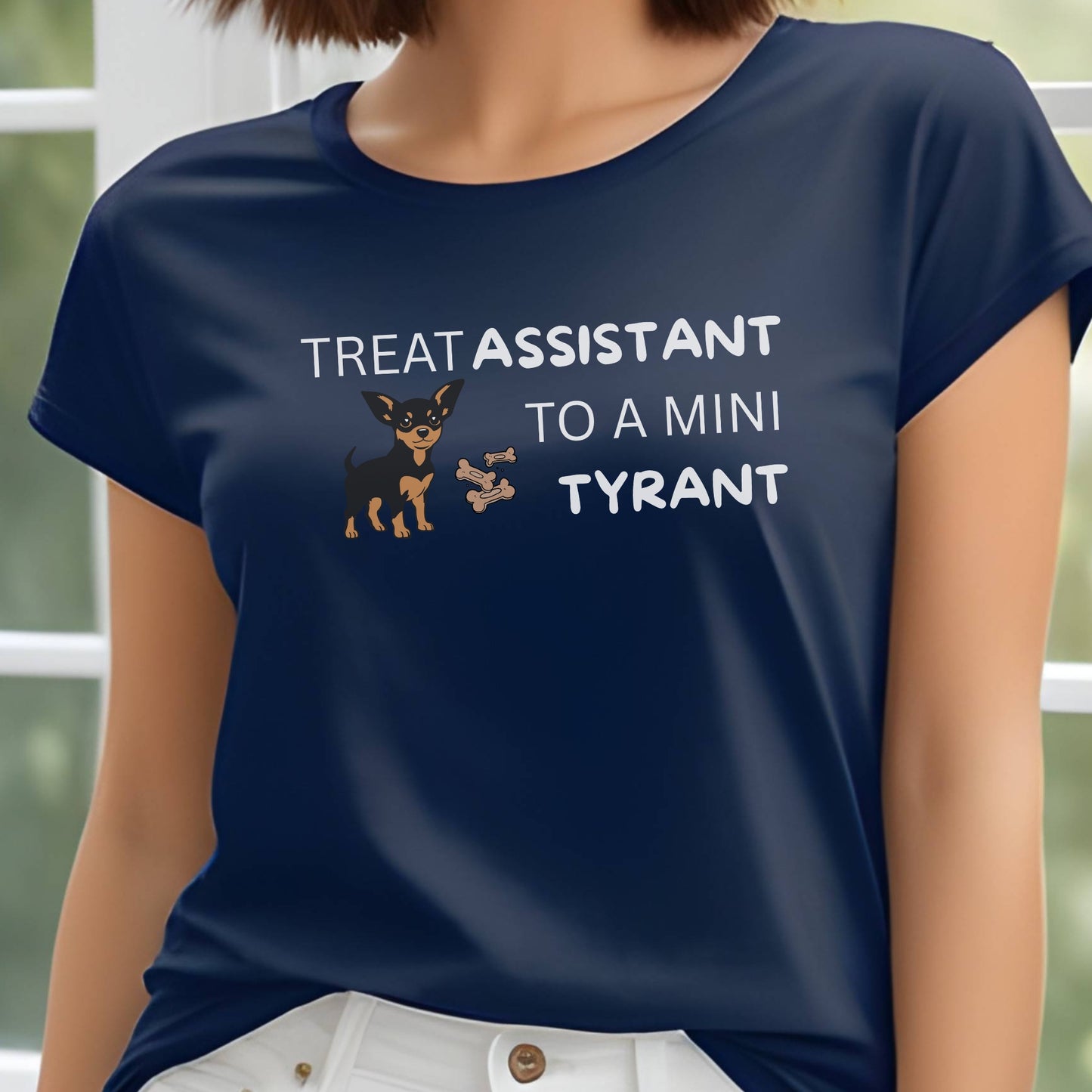 Navy unisex t-shirt with Miniature Pinscher illustration and text: "Treat Assistant to a Mini Tyrant"