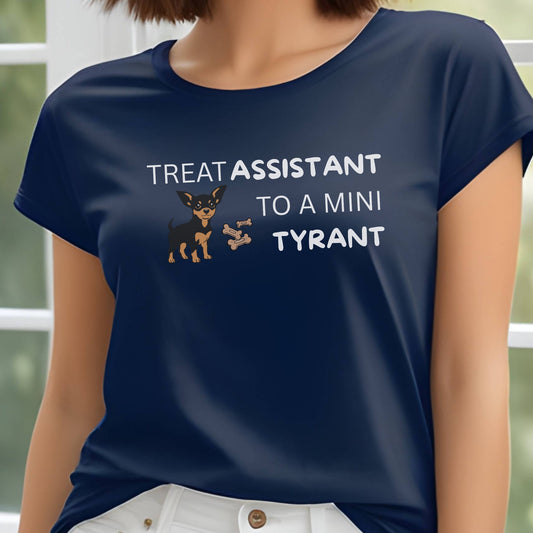 Navy unisex t-shirt with Miniature Pinscher illustration and text: "Treat Assistant to a Mini Tyrant"