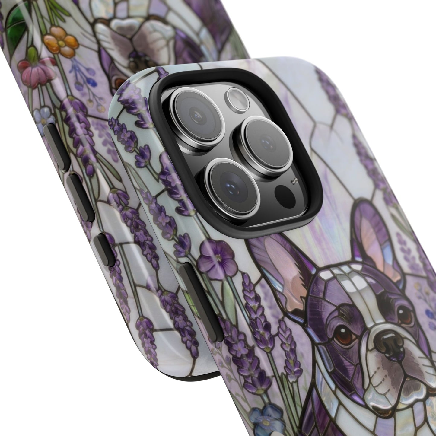 Frenchie Stained Glass Style Tough Case —Lavender Floral Theme