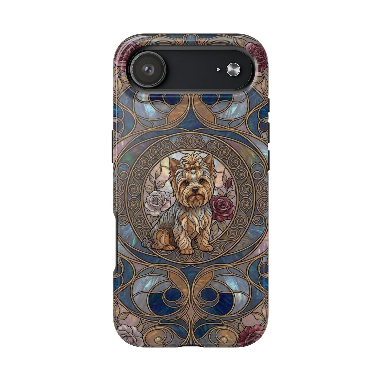 Yorkie Stained Glass Style Midnight Rose Tough Phone Case