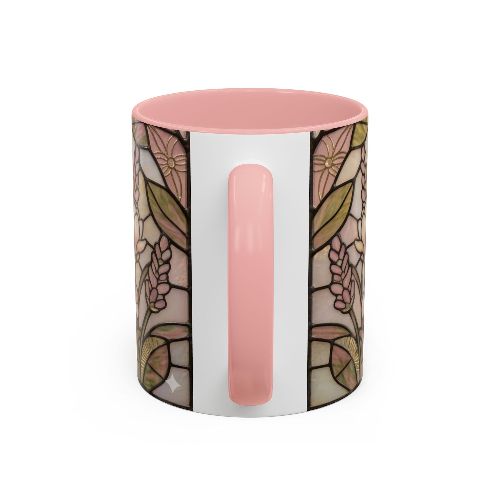 Mug with pink lid and floral pattern on a white background