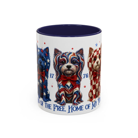 Mug with dog illustrations and text on a white background