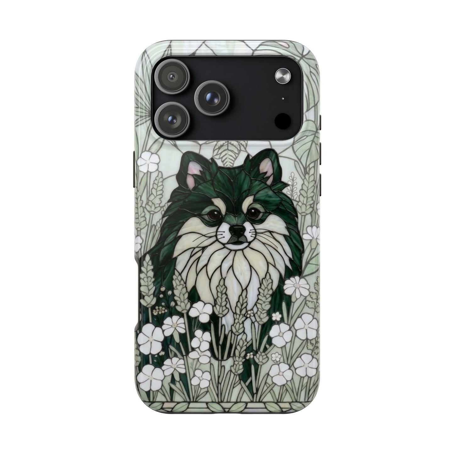 Pomeranian Stained Glass Style Tough Case — Botanical Green Theme