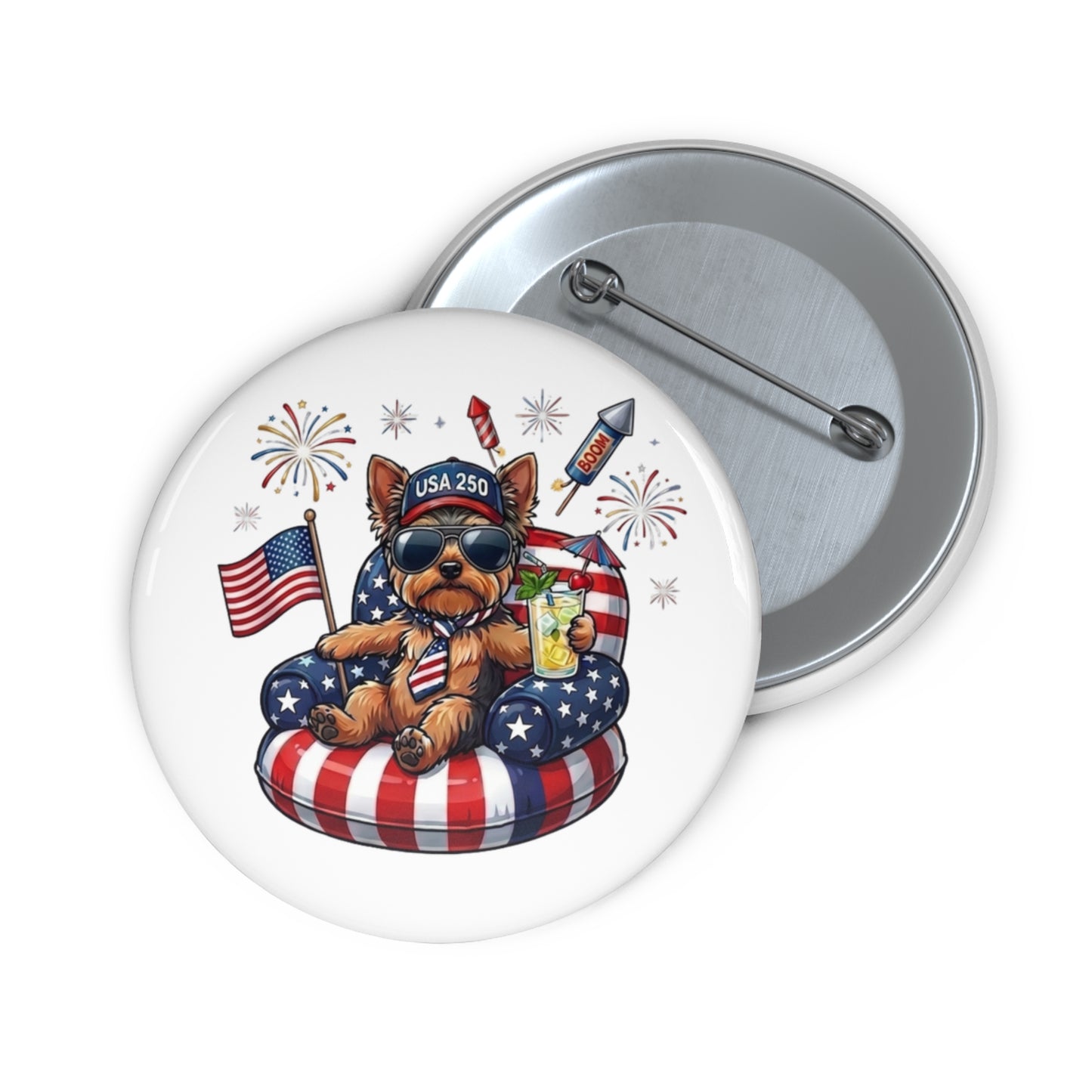 Button badge with a dog wearing sunglasses and a USA 2024 cap, surrounded by American flags and fireworks.