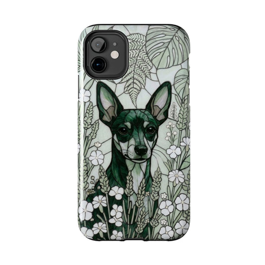 Phone case with a dog illustration and floral design on a white background