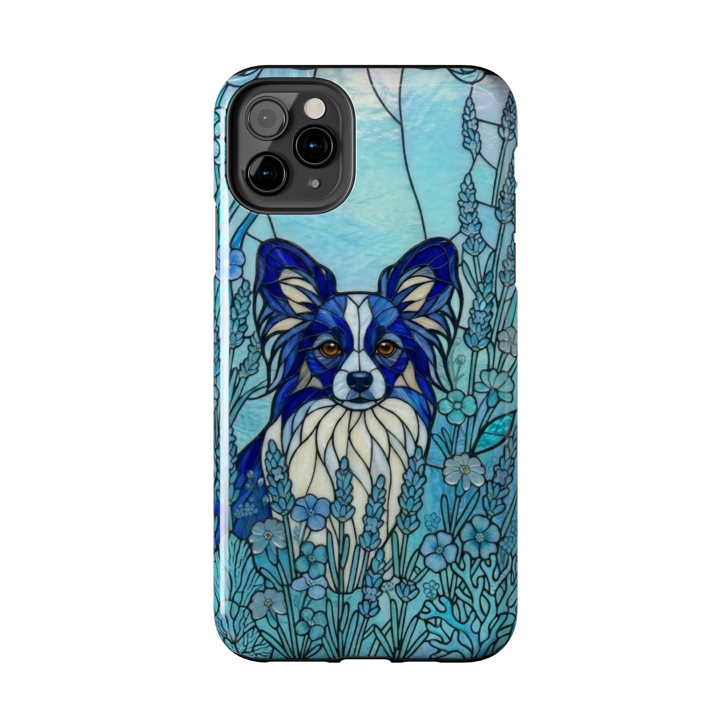 Phone case with a blue and white dog illustration in a floral setting on a white background