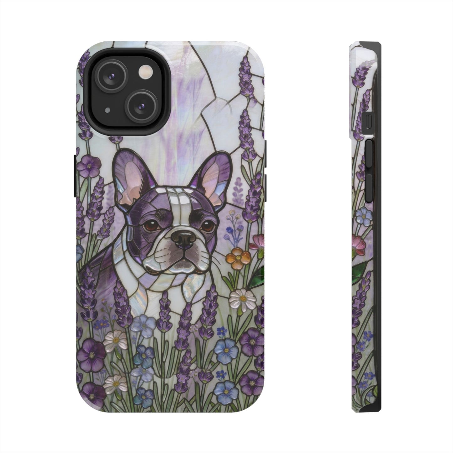 Frenchie Stained Glass Style Tough Case —Lavender Floral Theme