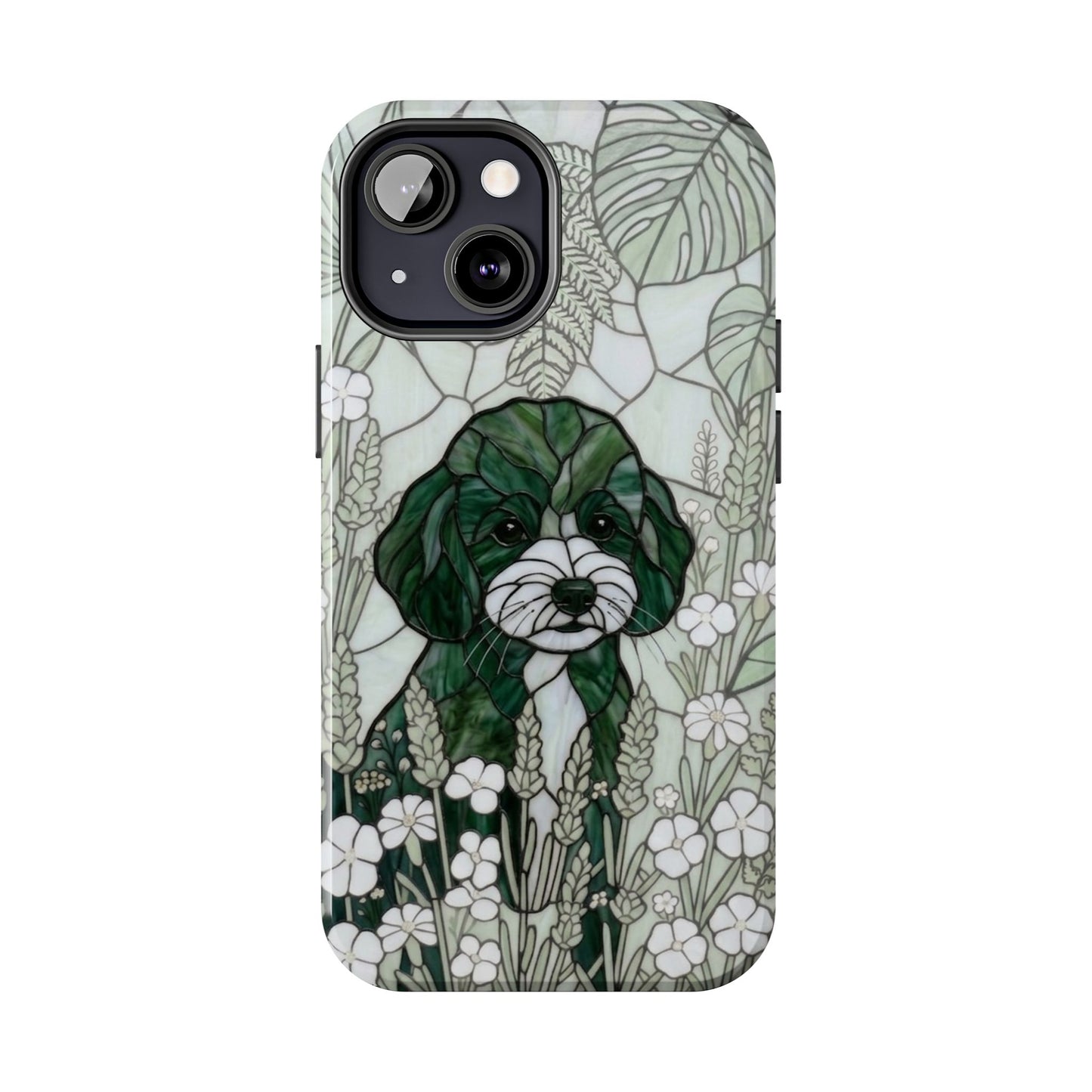 Toy Poodle Stained Glass Style Tough Case — Botanical Green Theme