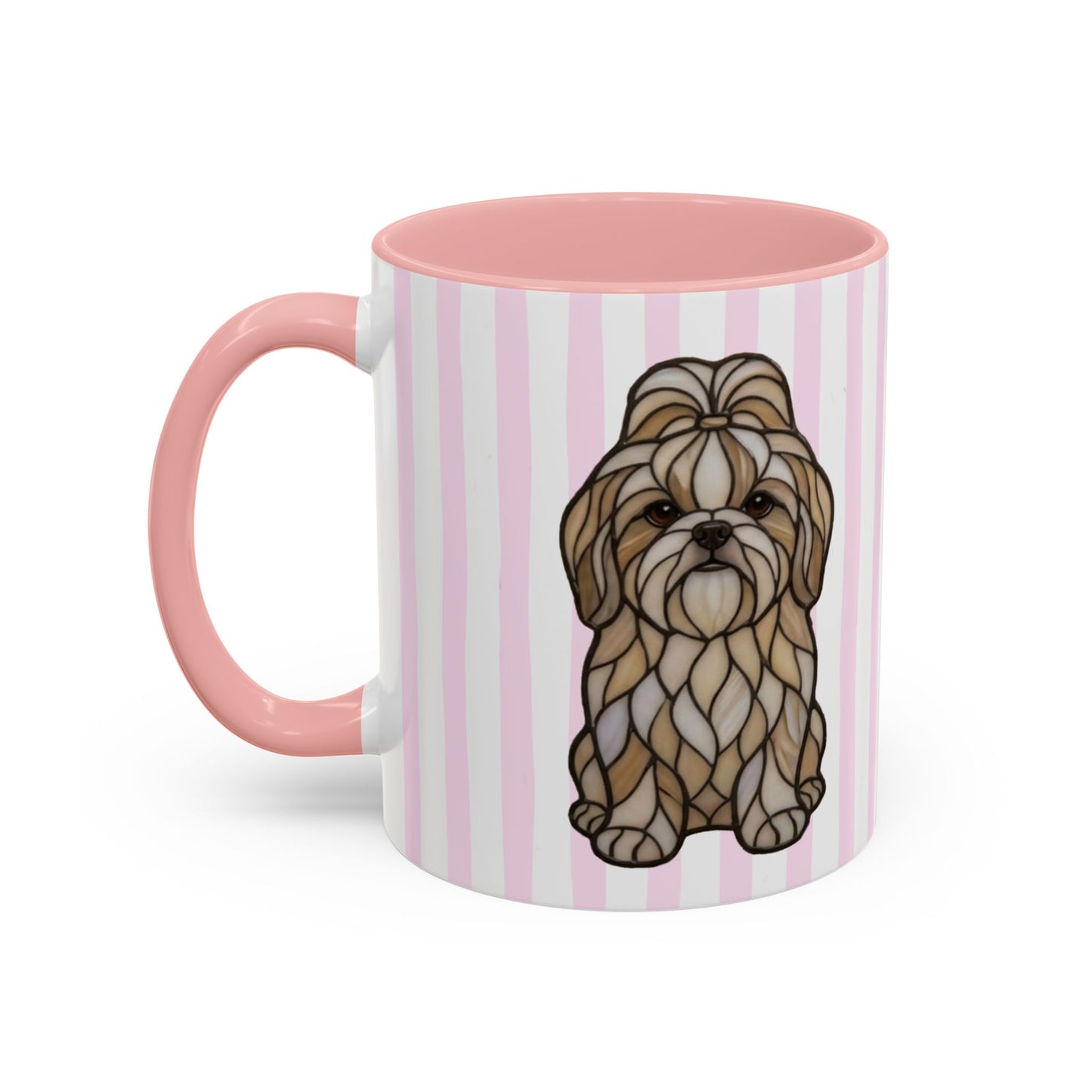 Mug with a dog illustration on a pink and white striped background