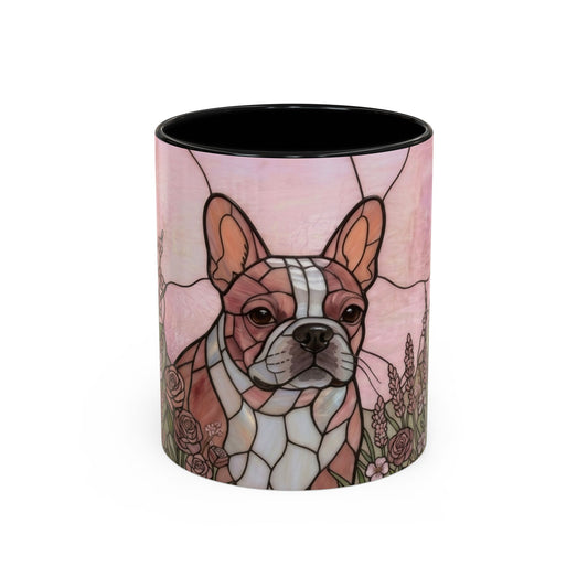 Mug with a stylized dog design on a pink background