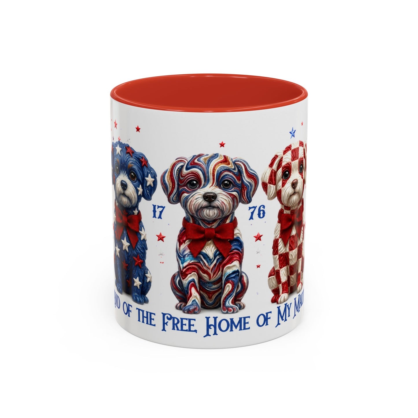 Mug with patriotic design of dogs and text on a white background