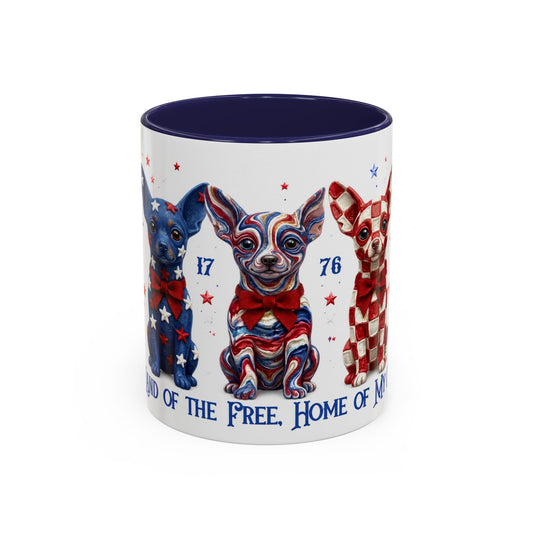 Mug with patriotic dog illustrations and text on a white background