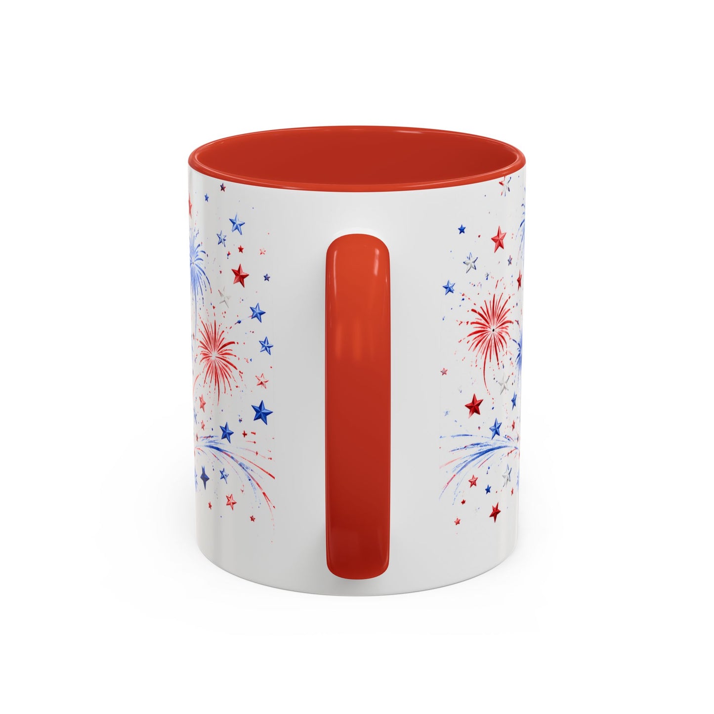 White mug with red interior and handle, decorated with star and firework designs on a white background