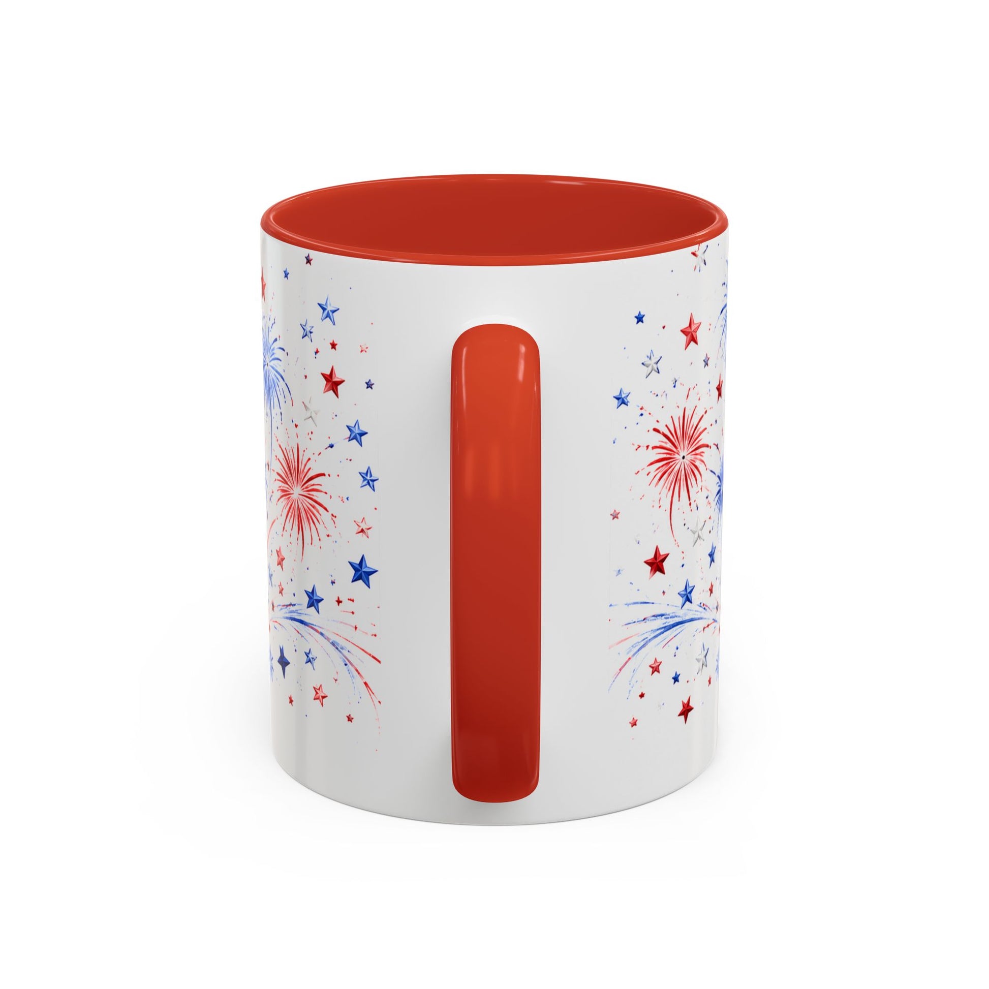 White mug with red interior and handle, decorated with star and firework designs on a white background