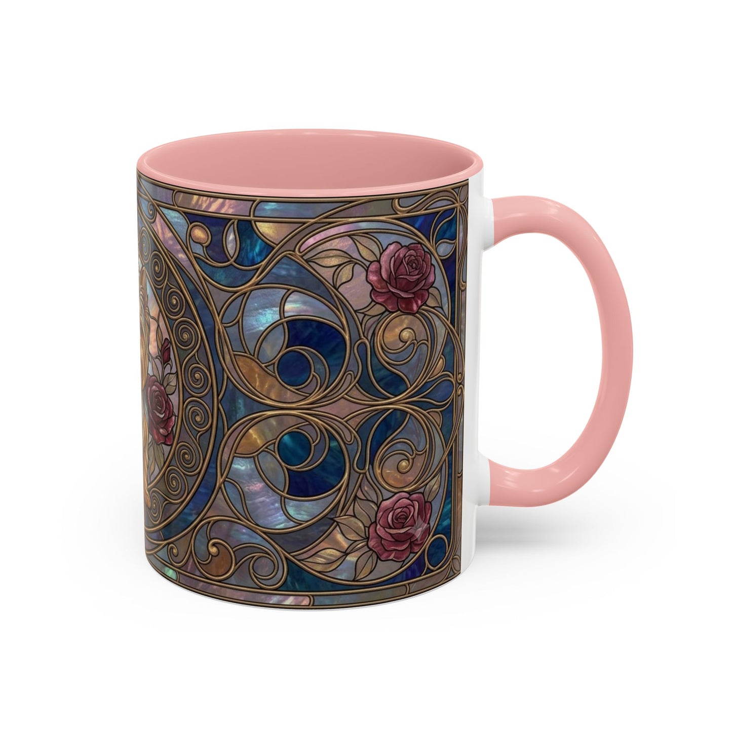 A ceramic mug with a pink handle and interior, featuring an ornate Art Nouveau stained-glass style pattern on the exterior in shades of blue, gold, and pink with rose motifs, shown on a white background.