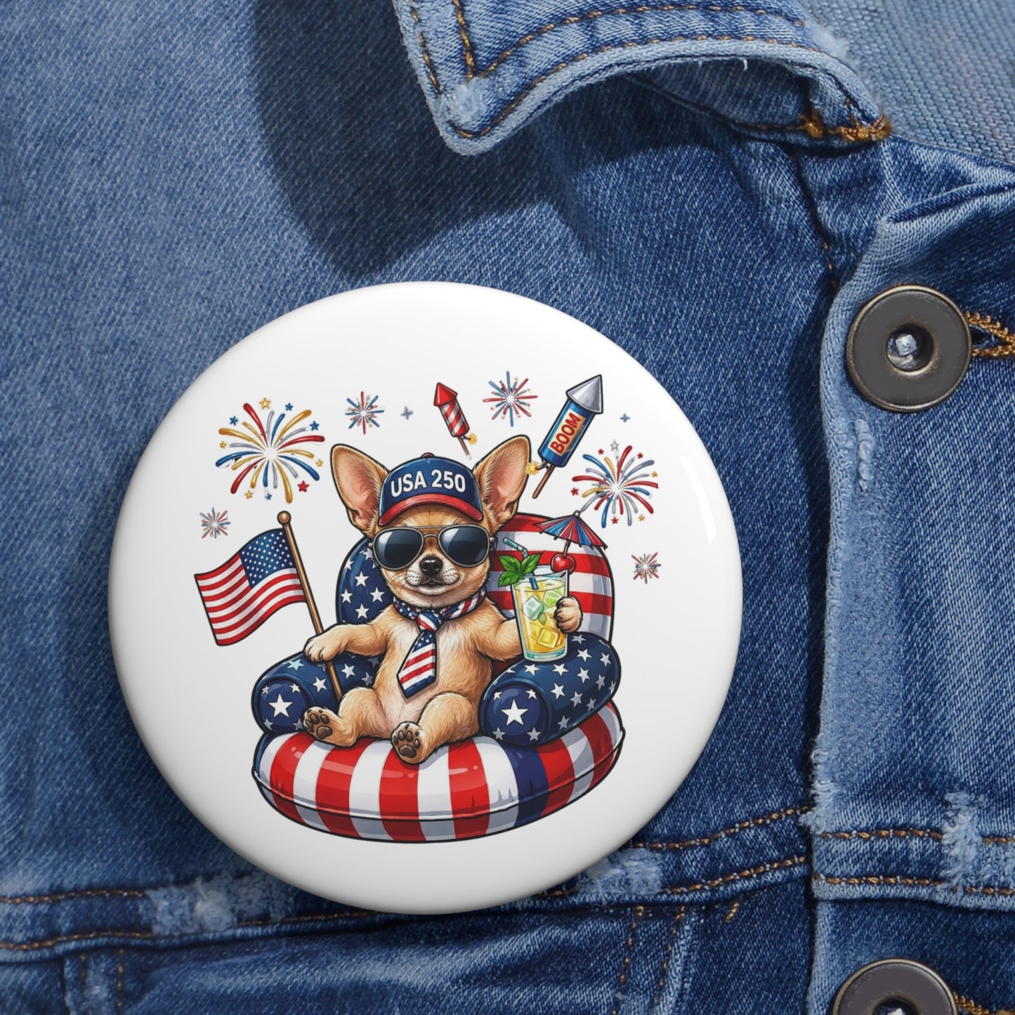 Button with a dog design featuring American flags and fireworks on a denim jacket.