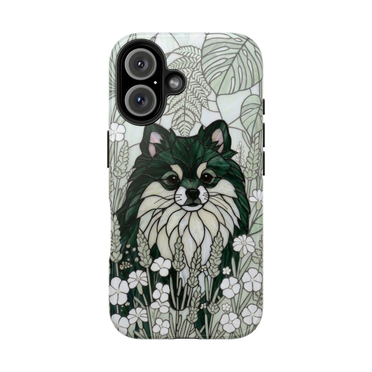 Pomeranian Stained Glass Style Tough Case — Botanical Green Theme